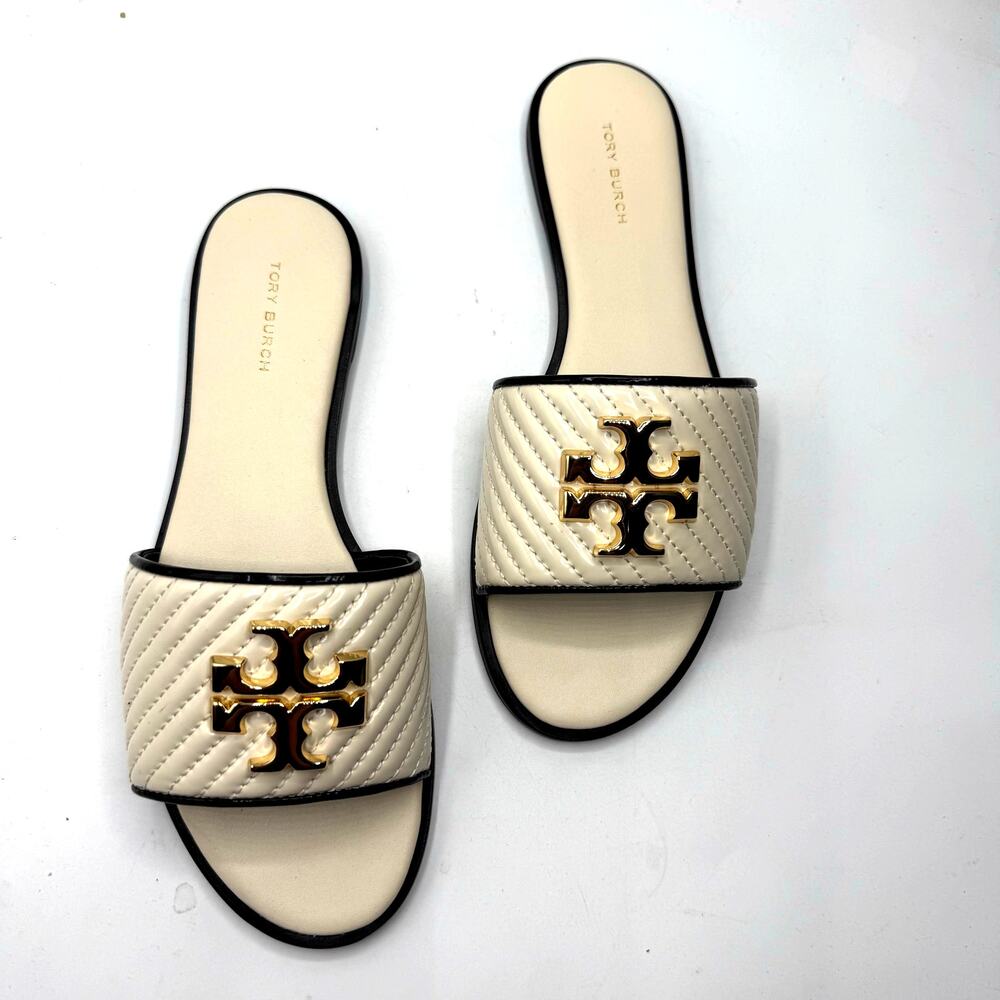 NEW NWT Tory Burch Everly Slide Glossy Box Calf Light Cream Size 8.5